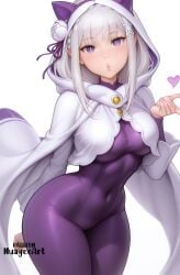 1girl ai_generated animal_hood artist_name bangs blunt_bangs blush bodysuit braid breasts cat_hood cloak covered_navel cowboy_shot emilia_(re:zero) fake_animal_ears flower hair_flower hair_ornament hair_ribbon heart hood hood_up hooded_cloak large_breasts long_hair long_sleeves looking_at_viewer nuageeart pointy_ears puckered_lips purple_eyes purple_ribbon re:zero_kara_hajimeru_isekai_seikatsu ribbon sensitive simple_background skin_tight solo white_background white_flower white_hair x_hair_ornament