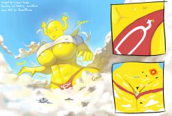 colonel-gabbo penny_fitzgerald giantess the_amazing_world_of_gumball yellow_body growing clouds panties huge_breasts big_breasts muscles horns wings toned_female toned yellow_eyes aircraft explosion red_panties 1girls female