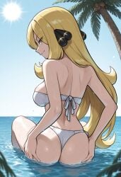 brokewyt ai_generated cuckold cheating uncensored cynthia_(pokemon) pokemon_dppt pokemon 1girl solo long_hair breasts looking_at_viewer smile blonde_hair large_breasts hair_ornament bare_shoulders sitting very_long_hair swimsuit ass bikini outdoors parted_lips sky day looking_back cloud water from_behind hair_over_one_eye tree blue_sky wet grey_eyes ocean back white_bikini partially_submerged palm_tree sun grabbing_own_ass