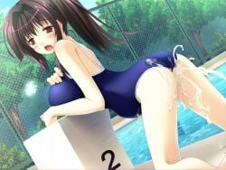 1girl after_sex akisoba breasts censored circus_(studio) clothes_pull cum cum_in_pussy cumdrip doggystyle from_behind hiiragi_matsuri_(rpg_gakuen) large_breasts legs looking_back mosaic_censoring non-web_source one-piece_swimsuit one-piece_swimsuit_pull open_mouth pool poolside rpg_gakuen school_swimsuit shy solo starting_block swimsuit water