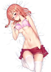 bangs bare_arms bare_shoulders bed_sheet blush bra bra_lift braid breasts brown_eyes brown_hair clavicle closed_mouth eyebrows eyebrows_visible_through_hair feet_out_of_frame female female hand_up high_resolution k_mugura kanojo_okarishimasu looking_at_viewer lying medium_breasts medium_hair navel no_shirt no_shoes nose_blush on_back open_clothes open_skirt pink_bra pleated_skirt red_eyes red_skirt sakurasawa_sumi side_braid single_braid skirt solo thick_eyebrows thighhighs tied_hair underboob underwear white_legwear