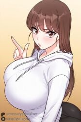 1girl breasts brown_hair solo brown_eyes long_hair hood hoodie looking_at_viewer huge_breasts ass blush sweat bangs gradient gradient_background white_hoodie hood_down pants manhwa webtoon lee_heaun secret_siblings unjobdespiert ai_generated 1female curvy huge_ass big_breasts big_ass 1girls 2026 artist_name watermark hi_res highres high_quality high_resolution patreon_username patreon