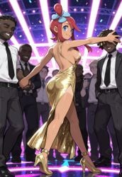 brokewyt ai_generated cuckold cheating uncensored skyla_(pokemon) pokemon pokemon_bw 1girl long_hair breasts looking_at_viewer smile bangs blue_eyes shirt hair_ornament dress holding bare_shoulders jewelry medium_breasts closed_mouth standing jacket white_shirt ass sidelocks red_hair multiple_boys necktie sleeveless alternate_costume collared_shirt belt looking_back pants dark_skin black_footwear grin high_heels black_jacket sparkle sideboob holding_hands black_pants formal dark-skinned_male suit black_necktie side_slit faceless 6+boys black_belt confetti dancing yellow_dress yellow_footwear