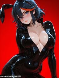 ai_generated arlequin097 matoi_ryuuko kill_la_kill 1girl solo breasts looking_at_viewer blush smile short_hair blue_eyes simple_background large_breasts black_hair animal_ears hair_between_eyes closed_mouth cleavage collarbone multicolored_hair cowboy_shot red_hair hairband rabbit_ears two-tone_hair streaked_hair covered_nipples lips head_tilt gradient_background fake_animal_ears covered_navel bodysuit red_background skin_tight patreon_username zipper arm_behind_back shiny_clothes black_bodysuit zipper_pull_tab unzipped patreon_logo latex leaning_to_the_side partially_unzipped latex_bodysuit open_bodysuit