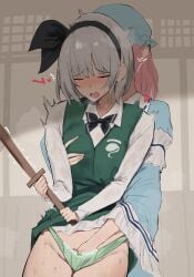 258n 2girls behind_another black_bow black_bowtie black_hairband bow bowtie closed_eyes fingering green_panties hairband highres holding holding_weapon konpaku_youmu long_hair multiple_girls open_mouth panties pink_hair saigyouji_yuyuko shirt short_hair sweat touhou underwear weapon white_shirt youmu_konpaku yuri yuyuko_saigyouji