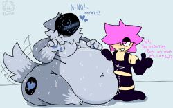anthro belly_rub big_butt blush bodily_fluids butt dom_(domlol) domlol duo heart_symbol hi_res human machine male male/male mammal moss_(domlol) motion_lines nervous onomatopoeia overweight overweight_male protogen rumbling_stomach sound_effects sweat tail tail_motion tailwag text