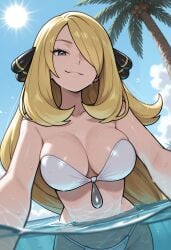 brokewyt ai_generated cuckold cheating uncensored cynthia_(pokemon) pokemon_dppt pokemon 1girl solo long_hair breasts looking_at_viewer smile blonde_hair large_breasts hair_ornament cleavage swimsuit bikini outdoors parted_lips sky day cloud water hair_over_one_eye tree blue_sky wet grey_eyes white_bikini from_below partially_submerged palm_tree sun partially_underwater_shot