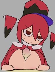 1boy 1girls breasts closed_mouth drill_hair expressionless grey_background hat hetero huge_breasts jacket jakusha_no_march_(synthesizer_v) jitome kasane_teto kasane_teto_(sv) male_pov mv_character open_jacket paizuri penis pov red_eyes red_hair red_hat red_jacket simple_background sweat sweatdrop swoiffer2 synthesizer_v titjob twin_drills utau