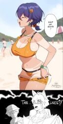 1girl 1girls 2boys 2koma already_uploaded alternate_breast_size beach belle_(summer_skies)_(zenless_zone_zero) belle_(zenless_zone_zero) big_breasts breasts brother_and_sister bucket_hat cameltoe closed_eyes duplicate english_text female female_focus komano_manato large_breasts light-skinned_female light_skin multiple_boys pantheon_eve shocked short_hair short_twintails shorts swimsuit tan_body tan_skin tanline tanlines text thick_thighs thighs twintails undressing wide_hips wise_(peaceful_waves)_(zenless_zone_zero) wise_(zenless_zone_zero) zenless_zone_zero