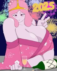 1girls 2025 adventure_time alcohol alcohol_bottle big_breasts bonnibel_bubblegum breasts cartoon_network crown drunk female fireworks gum gummy_creature hordra_art huge_breasts kemono new_year new_year_2025 peace_sign pink_body pink_hair pink_skin princess princess_bubblegum smile wine_glass