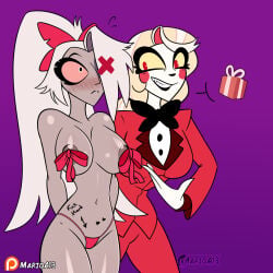 2girls blush charlie_morningstar_(hazbin_hotel) female female_only gift grey_body grey_hair hazbin_hotel long_hair marioa13 patreon_username ribbon thong vaggi_(hazbin_hotel) vaggie_(hazbin_hotel) yellow_hair
