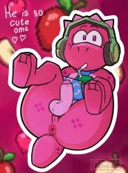 absurd_res accessory anal apple author's_note butt dinosaur drinking dumbyb electronics food fruit gameoverse genitals glitch_productions gobbles_(gameoverse) headphones heart_symbol hi_res juice lying male male_only necktie nude on_back penis pink_body plant prehistoric_species purple_eyes reptile scalie solo tablet tail