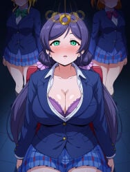 mei_ichi love_live! love_live!_school_idol_project ayase_eli absurdres commentary_request highres 3girls blonde_hair blush bow bowtie bra breasts cleavage coin green_bow green_bowtie green_eyes hair_ornament hair_scrunchie hypnosis large_breasts lingerie mind_control multiple_girls orange_hair otonokizaka_school_uniform purple_bra purple_hair purple_scrunchie red_bow red_bowtie school_uniform scrunchie skirt string striped_bow striped_bowtie striped_clothes twintails underwear winter_uniform toujou_nozomi kousaka_honoka