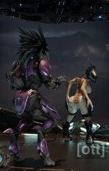 3_fingers 3d_(artwork) alien anthro anus arm_quills armor avian avian_caruncle black_body black_feathers breasts colored digital_media_(artwork) digitigrade duo feather_hair feathers female female_anthro fingers genitals gesture grey_body grey_scales halo_(series) hand_gesture hand_on_butt headgear helmet hi_res ibie'shan kig-yar looking_back microsoft mostly_nude nipples non-mammal_breasts non-mammal_nipples otterboi18 outside pointing pseudo_hair quill_hair rear_view red_quills reptile scales scalie short_tail side_boob spurs_(anatomy) standing t'vaoan tail tan_body tan_scales vulva xbox_game_studios