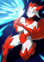 absurd_res anthro big_breasts biped blue_eyes breasts featureless_breasts female female_anthro genitals hi_res kemojin kneeling mammal multicolored_body nude nude_anthro nude_female on_one_knee red_body solo teeth vulva white_body