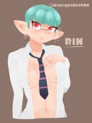 midnightdotpng splatoon inkling_girl splatoon_oc solo female shirt_open areolae