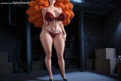 1girl ai_generated bra breasts cleavage curly_hair hi_res high_quality high_resolution indoors lace large_breasts long_hair navel panties patreon red_bra sara_bellum seductive sexy solo spicytoonai standing uncensored underwear underwear_only watermark