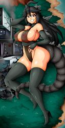 1girls big_breasts black_armwear black_hair black_legwear black_tail building female female_only giantess godzilla godzilla_(series) kaiju kaiju_girl kaiju_girls_(webcomic) looking_at_viewer monster monster_girl nipples nipples_visible_through_clothing red_eyes smile solo solo_female tail thick_thighs witchking00