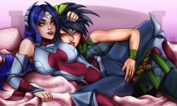 league_of_legends irelia_xan akali lesbian yuri fingering touching_pussy dark_hair blue_eyes