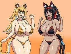 brian12 ju_fufu nekomiya_mana 2girls multiple_girls zenless_zone_zero bikini gigantic_breasts thick_thighs wide_hips curvy voluptuous claw_pose paw_pose