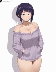 1girl 1girls ai_generated bangs bare_shoulders black_eyes boku_no_hero_academia breasts cleavage cleavage_cutout collarbone expressionless hands_in_pockets hi_res high_quality high_resolution highres jirou_kyouka kyoka_jiro legs_together light looking_at_viewer my_hero_academia opal_nemy patreon_logo patreon_url patreon_username plain_background purple_hair self_upload shadow shiny shiny_hair shiny_skin short_hair simple_background solo standing thighs watermark white_background
