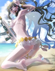 ag_sword aztec belly_chain bikini blue-tinted_eyewear colored_inner_hair commentary_request eyeliner fate/grand_order fate_(series) grey_eyes high_ponytail jewelry makeup multicolored_hair ponytail sunglasses swimsuit tenochtitlan_(fate) tenochtitlan_(second_ascension)_(fate) tenochtitlan_(swimsuit_mooncancer)_(first_ascension)_(fate) thighlet tinted_eyewear water_gun white_bikini