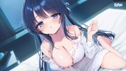 1girl absurdres barefoot bed bed_sheet black_hair blue_hair blush breasts cleavage collarbone colored_inner_hair feet highres large_breasts long_hair looking_at_viewer multicolored_hair natsuki_marina night nightgown on_bed original purple_eyes sidelocks sitting solo tissue_box toes two-tone_hair wariza white_nightgown window window_blinds