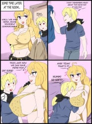 1boy 1girls big_breasts blonde_female blonde_hair blush bra clothed_male face_between_breasts half-dressed half_naked half_naked_female long_hair long_hair_female original_character purple_eyes red_eyes removing_clothing robotic_arm rwby yang_xiao_long zronku