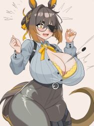oc proximal_sketch big_breasts shiny_skin horse_girl thick_thighs tail yellow_eyes orange_nails eye_patch glasses embarrassed button_pop