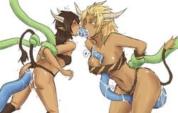 2girls all_the_way_through anal arms_behind_back ass blonde_hair blue_tentacles blush bound_arms bra breasts brown_hair clothing cum_in_ass female from_behind green_tentacles horns long_hair multiple_girls nekomimi open_mouth oral oral_rape paizuri panties penetration restrained sex spread_legs tail_grab tentacle tentacle_in_ass tentacle_in_mouth tentacle_link tentacle_rape wide_hips xxxx52