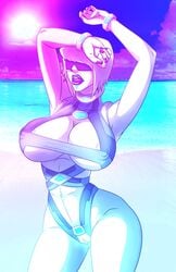 armpits arms_up big_breasts big_lips bimbo blue_hair breasts busty clitoral_hood clitoris cora_elinu_(neo_world_order) crotchless cybernetics cyberpunk cyborg erect_nipples eyewear female female_focus female_only hourglass_figure huge_breasts jsyrin large_breasts lipstick long_fingernails makeup nail_polish neo_world_order neon neon_lights nipple_bulge overflowing_breasts pale-skinned_female pale_skin pinup pinup_pose pose posing puffy_lips pussy skimpy skimpy_bikini skimpy_clothes solo sunglasses swimsuit tagme thick_lips vagina visor white_hair wide_hips