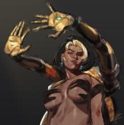 blizzard_entertainment domina earrings hands_casting_shadow indian jacket jewelry large_breasts overwatch ristiko4 robot_arms shadow solo