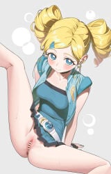 1girl absurdres airseal anus arm_support bar_censor belt black_choker blonde_hair blue_eyes blue_gloves blue_jacket blue_skirt blue_tube_top blush bottomless breasts bright_pupils censored choker closed_mouth commentary_request cropped_jacket drill_hair earrings fingerless_gloves gloves goutokuji_miyako hair_ornament hairclip highres hoop_earrings jacket jewelry leg_up long_hair looking_at_viewer medium_breasts no_panties open_clothes open_jacket pleated_skirt powerpuff_girls_z pussy rolling_bubbles sitting skirt sleeveless sleeveless_jacket smile solo spread_legs strapless sweatdrop swept_bangs thighs tube_top twin_drills white_belt white_pupils