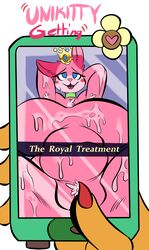 absurd_res anthro arms_behind_back arms_behind_head arms_up bodily_fluids cellphone crown cum english_text female genital_fluids genitals hi_res isolatedartest lego overweight photo pov princess pussy royal royalty smile snapchat sweaty text the_lego_movie unikitty