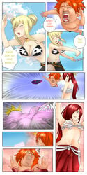 1boy 2girls blonde_hair body_swap comic english_text erza_scarlet fairy_tail ichiya_vandalay_kotobuki large_breasts long_hair lucy_heartfilia red_hair speech_bubble