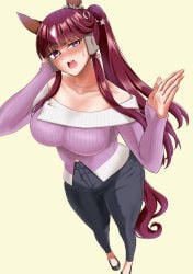 animal_ears blunt_bangs breasts calling casual_clothes clothed ear_covers female flustered from_above hakase_yurisuki high_ponytail horse_ears horse_girl horse_tail large_breasts light_blush long_hair lucky_lilac_(umamusume) magenta_hair multicolored_hair necklace open_mouth pants phone phone_call purple_eyes side_ponytail skin_tight solo standing sweat sweating tail two-tone_hair umamusume v-shaped_eyebrows very_long_hair white_hair