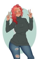 1girls big_breasts black_nails blush clothed cryptid_crab dark-skinned_female double_peace_sign double_v fire_emblem fire_emblem:_three_houses hapi_(fire_emblem) heavy_blush huge_breasts jeans large_breasts looking_at_viewer medium_hair milf nail_polish nintendo peace_sign red_eyes red_hair smile solo solo_female v