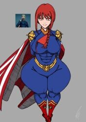 1girls 2d 2d_(artwork) bendraws big_breasts blue_clothing boots braided_hair braided_ponytail breasts cape chainsaw_man child_bearing_hips clothing cosplay curvaceous female female_only full_body fully_clothed hands_behind_back homelander_(cosplay) large_breasts long_hair makima_(chainsaw_man) ponytail red_eyes red_hair solo solo_female the_boys thick_thighs thighs_bigger_than_head wide_hips