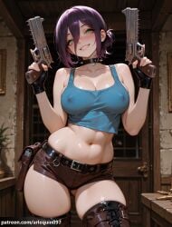 ai_generated arlequin097 reze_(chainsaw_man) chainsaw_man 1girl solo breasts looking_at_viewer blush smile short_hair large_breasts gloves thighhighs holding navel hair_between_eyes cleavage bare_shoulders green_eyes collarbone purple_hair weapon thighs cowboy_shot boots teeth shorts black_gloves choker indoors belt midriff stomach fingerless_gloves holding_weapon hair_bun blurry grin collar crop_top covered_nipples gun short_shorts black_choker blurry_background skindentation brown_footwear ass_visible_through_thighs thigh_boots tank_top holding_gun buckle black_belt spikes handgun contrapposto dual_wielding belt_buckle brown_thighhighs holster spiked_collar brown_shorts revolver bullet shell_casing blue_tank_top