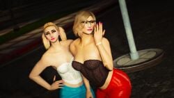 2girls 3d 3d_(artwork) 3dcg absurdres bare_shoulders beautiful_females beige_hair black_corset blonde-haired_female blue_miniskirt blue_skirt blush blushing blushing_female brown-haired_female cinematic cleavage earrings edited_screencap filtered game_cg glasses grand_theft_auto grand_theft_auto_online gta_online_female_character hand_on_hip happy_female happy_females hyperspacedude leaning_to_the_side mature_females miniskirt pink_fingernails pink_lipstick prostitutes prostitution red_miniskirt red_skirt rockstar_editor seductive_gaze short-haired_female small_breasts source_request tight_skirt twintails white_corset yuri