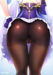 1girls ass ass_focus black_legwear bubble_butt cameltoe cropped_legs dat_ass dress female from_behind genshin_impact gloves keqing_(genshin_impact) kongkitti_charoensuk pantyhose purple_gloves tights