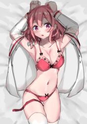 armpits arms_up bangs bare_shoulders bed_sheet blush bow bow_bra bow_panties bra braid breasts clavicle cleavage clip_studio_paint_(medium) eyebrows_visible_through_hair female female gluteal_fold hair_between_eyes hair_ornament hairbow high_resolution kanojo_okarishimasu long_hair long_sleeves looking_at_viewer lying medium_breasts navel on_back open_clothes open_shirt pantsu parted_lips pink_hair purple_eyes red_bra red_panties sakurasawa_sumi see-through shirt side_braid sketch solo takapii thigh_gap thighhighs tied_hair underwear white_bow white_legwear white_shirt