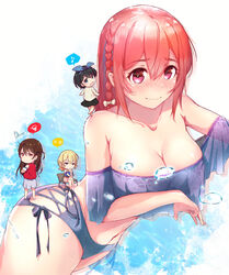 4girls :d anger_vein bangs bench black_hair black_skirt blonde_hair blue_shirt blue_skirt blush bow braid breasts brown_hair cellphone chibi clavicle cleavage crossed_legs dermar detached_sleeves eyebrows_visible_through_hair female frown hair_ornament hair_ribbon hairbow high_resolution holding holding_object holding_phone kanojo_okarishimasu large_breasts long_hair looking_at_viewer looking_back minigirl mizuhara_chizuru multiple_girls musical_note nanami_mami navel open_mouth phone pink_skirt polka_dot polka_dot_bow purple_eyes purple_swimsuit red_eyes red_hair red_shirt ribbed_sweater ribbon sakurasawa_sumi sarashina_ruka shirt sidelocks signature skirt smartphone smile spoken_anger_vein spoken_musical_note spoken_squiggle squiggle sweater swimsuit thighs tied_hair water water_drop white_background yellow_sweater