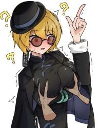 1boy 1girl absurdres between_breasts black_coat black_dress black_gloves black_hat blonde_hair blush breasts breasts_squeezed_together china_dress chinese_clothes cinq_association_(identity)_(project_moon) coat coat_on_shoulders don_quixote_(limbus_company) dress earrings gloves hat highres jewelry large_breasts limbus_company mogunext project_moon round_eyewear short_hair shy squeezing squeezing_breast sunglasses tinted_eyewear yellow_eyes