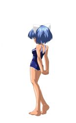 1girl animal_ears anime_coloring arms_behind_back barefoot blue_hair blue_one-piece_swimsuit breasts cat_ears extra_ears fake_animal_ears from_behind full_body game_asset hairband highres large_variant_set mahotama maki_daikichi medium_breasts mei_(mahotama) official_art one-piece_swimsuit school_swimsuit short_hair simple_background solo standing swimsuit tachi-e tan third-party_source transparent_background variant_set visual_novel_cg