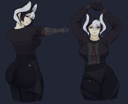 partygarden3 made_in_abyss female_only female solo ozen short_hair black_and_white_hair looking_at_viewer two-tone_hair big_ass huge_ass ass fully_clothed leggings big_breasts body_markings tight_pants wide_hips arms_up thick_thighs hip_dips stretching smile looking_back gloves ass_focus bubble_butt