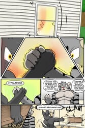 2:3 arm_wrestling aura canid canine canis comic dialogue domestic_dog english_text felid hi_res housepets! inside male male_only mammal mungo_(housepets!) muscular muscular_male pantherine property_damage res_(housepets!) text tiger trashbadger webcomic window