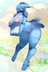 1girls aeromorph aircraft anthro big_breasts bikini breasts cleavage collar female female_only huge_breasts leonkatlovre living_aircraft living_machine mitsubishi_f-2 rika_(rikayamoto) rikayamoto smiling solo swimsuit thick_thighs voluptuous wide_hips