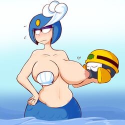 1boy 1girls annoyed blush boobs breast_sucking breasts chubby clothed female fupoo heart helmet mega_man mega_man(classic) mermaid metool nipples partially_clothed pasties robot robot_girl seashell seashell_bra splash_woman straight tits topless waddling_head water