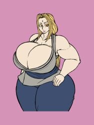 tsunade tsunade_(naruto) ivanpanced_(artist) simple_background self_upload simple_coloring blonde_hair blonde_female forehead_mark orange_eyes huge_breasts wide_hips thick_thighs hand_on_hip looking_at_viewer neutral_expression